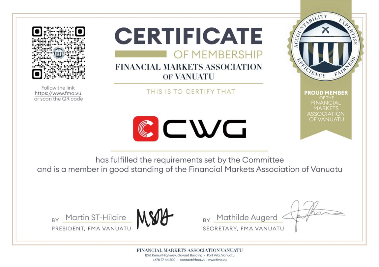 CWG Markets는 바누아투 금융시장 협회로부터 회원 자격 인증을 받았습니다!